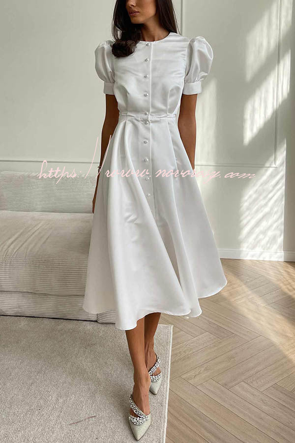 Chic and Classy Vibe Puff Sleeve Pearl Button Slit Midi Dress
