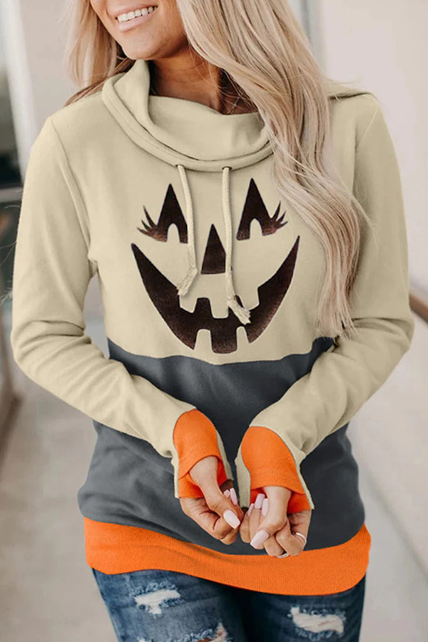 Halloween Pumpkin Print Long Sleeve Drawstring Hoodie