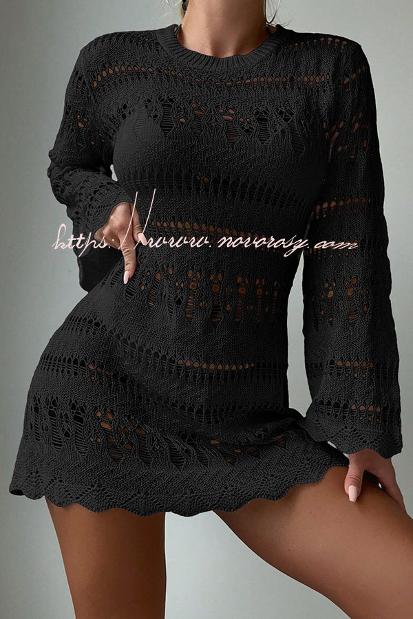 Ashton Knit Texture Hollow Out Bell Sleeve loose Mini Dress