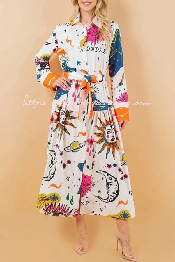 All The Attention Unique Print Long Sleeve Button Belted Shirt Midi Dress