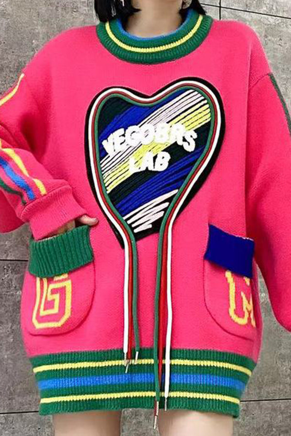Feel Good knitted colorful heart loose pullover sweater