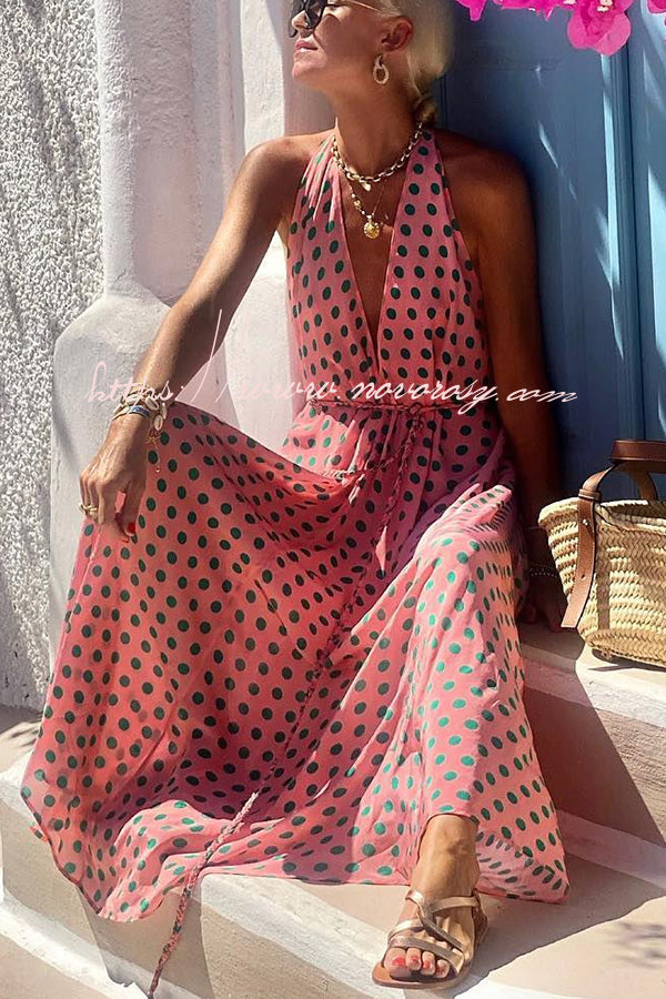 Vacay Mood Polka Dots Print Back Lace-up Swing Maxi Dress