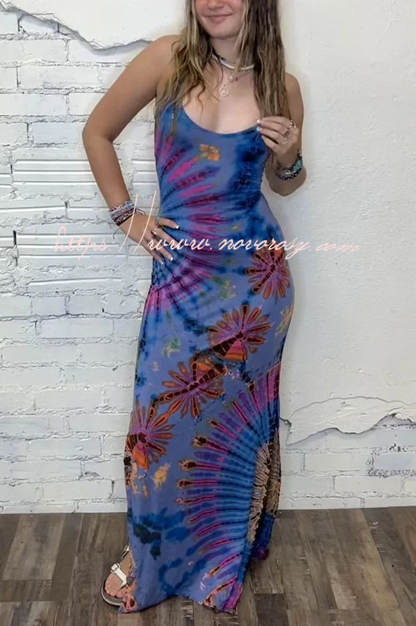 Tuscan Vibes Tie-dye Print Back Lace-up Slit Stretch Maxi Dress