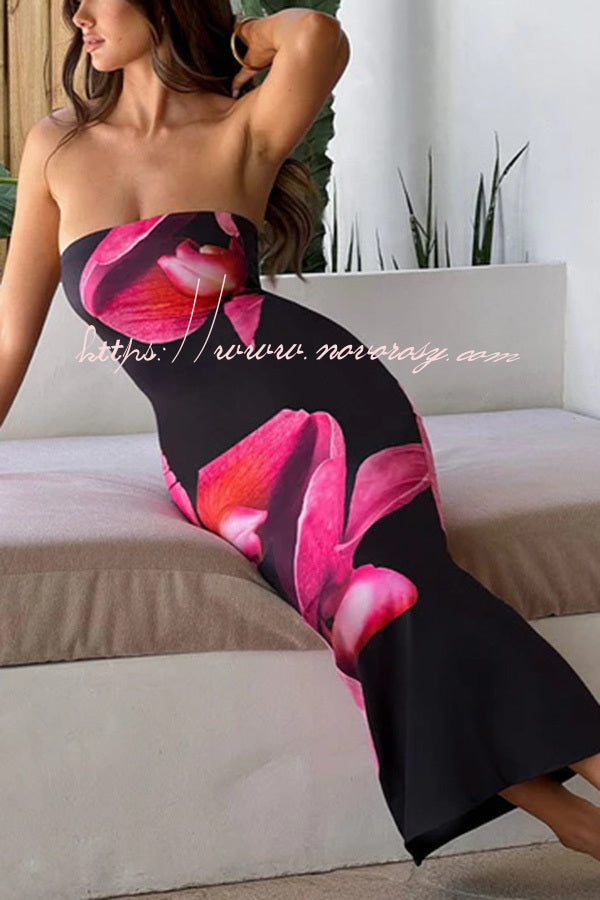Emmaline Abstract Floral Print Bandeau Stretch Maxi Dress