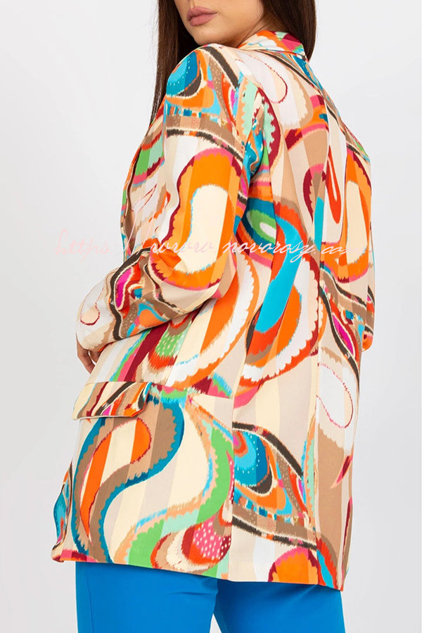 Multicolor Graphic Print Lapel Long Sleeve Blazer