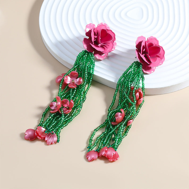 Alloy Lacquered Flower Rice Bead Tassel Earrings