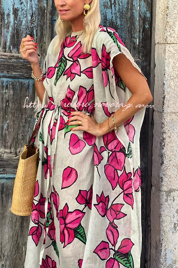 Tropical Beauty Floral Print Dolman Sleeve Belted Loose Maxi Dress