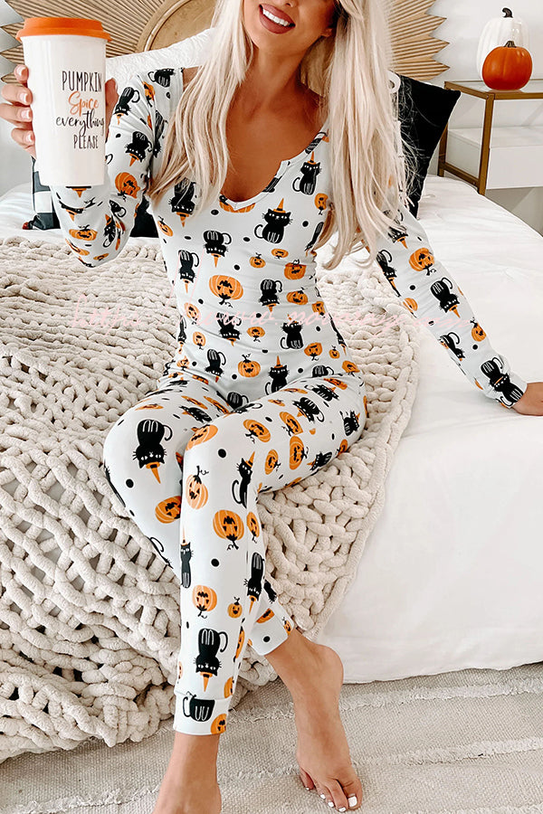Ghost Country Halloween Print Long Sleeve Lounge Jumpsuit