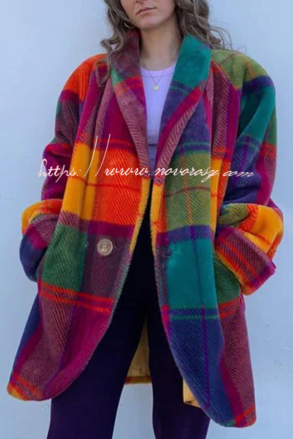 Show Stopping Plush Lined Lapel Color Blocked Long Sleeved Coat
