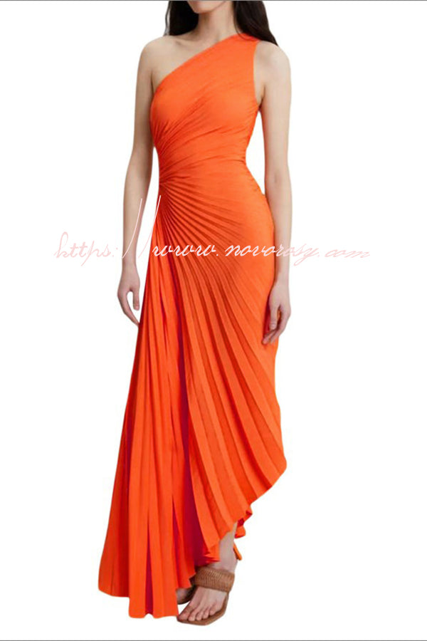 Glam Vibes Satin One Shoulder Side Cutout Pleated Maxi Dress