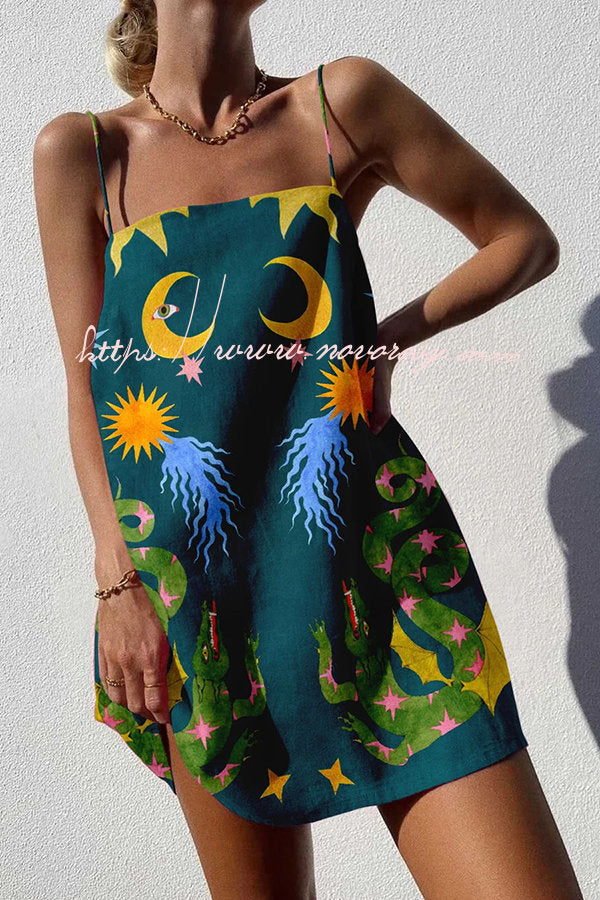 Sun and Done Linen Blend Unique Print Cami Loose Mini Dress