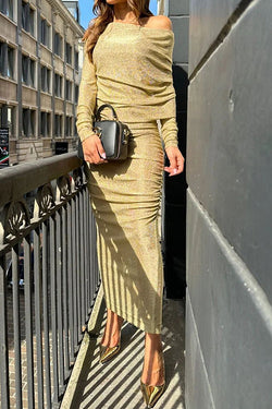 Golden Light One Shoulder Long Sleeve Ruched Stretch Maxi Dress
