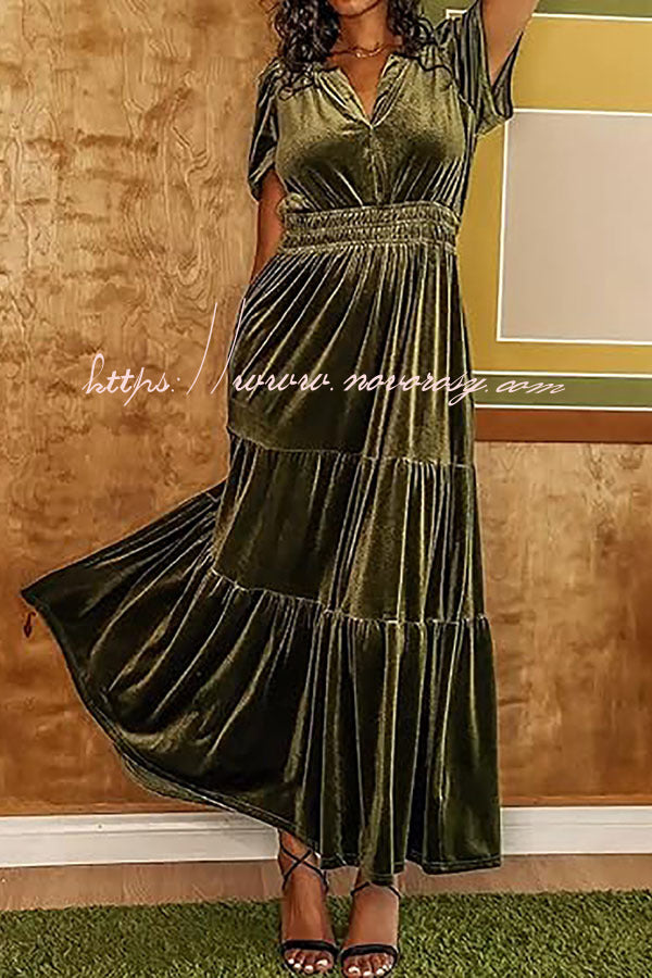 Stunning V-Neck Velvet Stretch Waist Pocket Pleated Maxi Dress