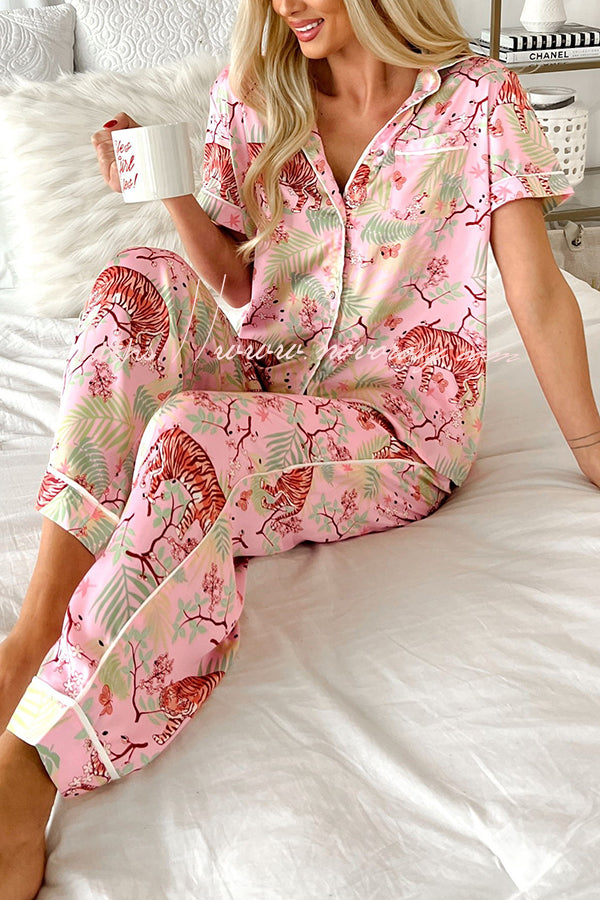 Sleeping Tiger Satin Elastic Waist Pocketed Pajama Pants Set