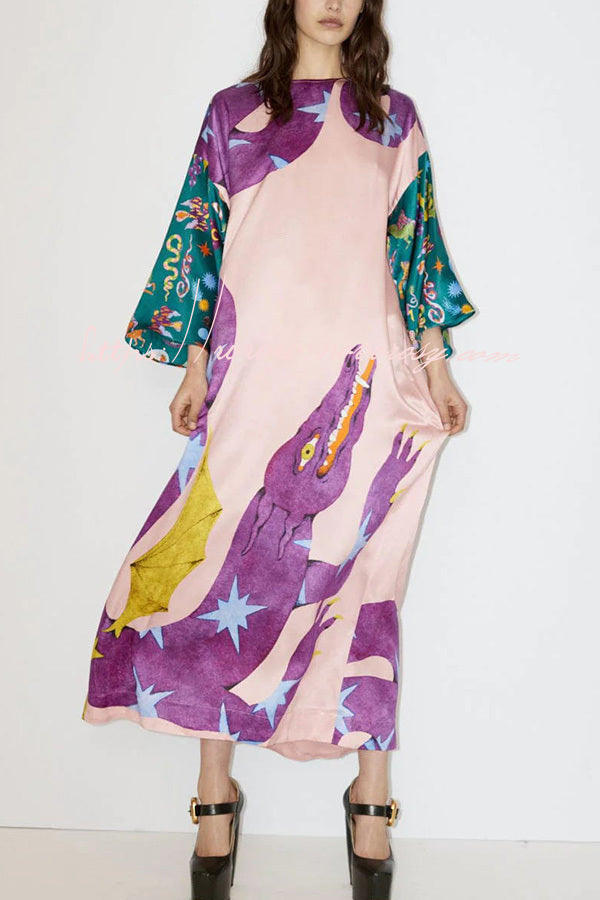 Artistic Nature Satin Unique Print Contrast Slit Relaxed Vacation Maxi Dress
