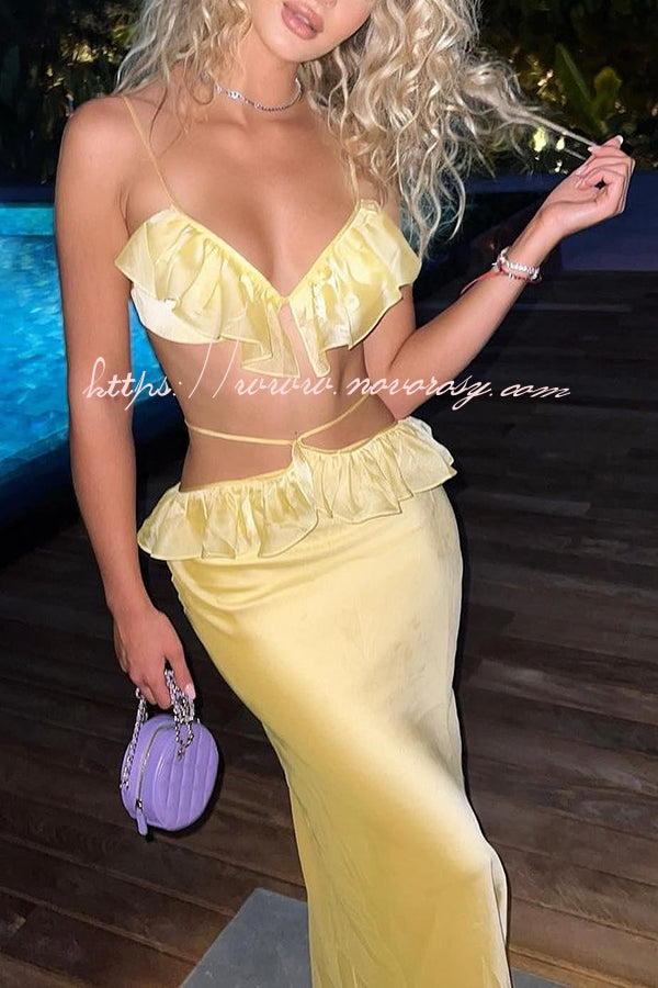 Date Night Sexy Satin Chiffon Ruffle Trim Removable Slip Maxi Dress