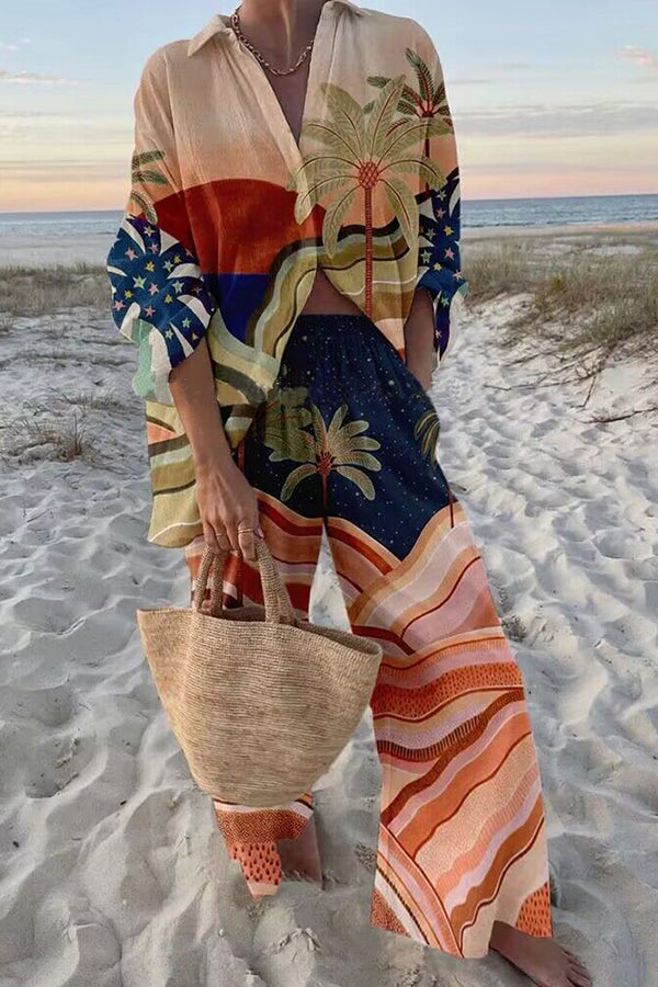 Sunset Atmosphere Palm Print Oversized Blouse and Elastic Waist Pocketed Pants Set