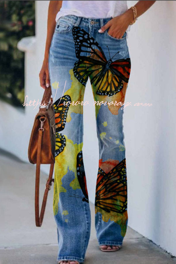 On A Drive Printed Faux Denim High Rise Flare Pants