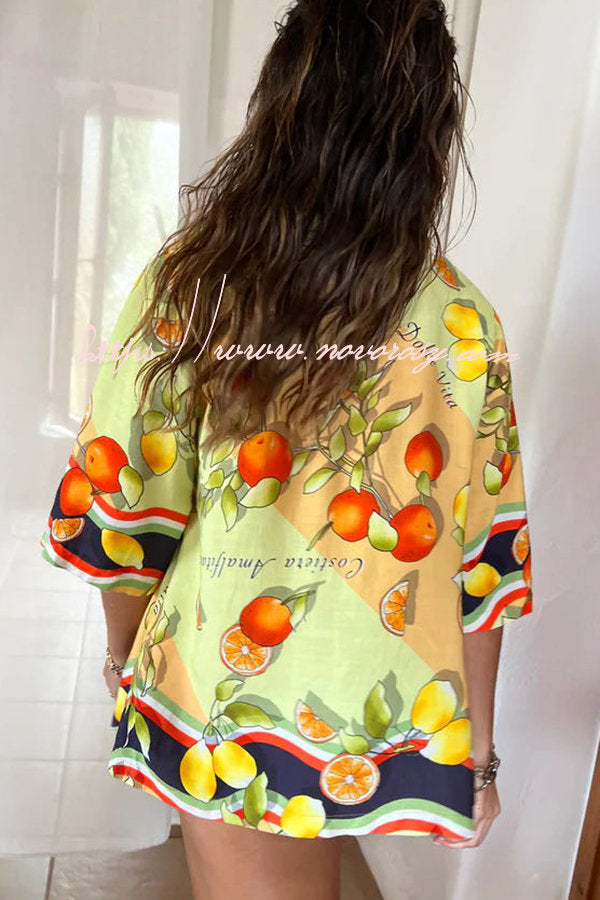 Fruity Citrus Linen Blend Printed Button Down Vacation Blouse