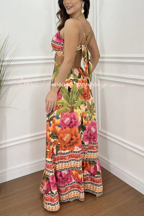 Mexico Style Tropical Print Ring Cutout Lace-up Vacation Maxi Dress