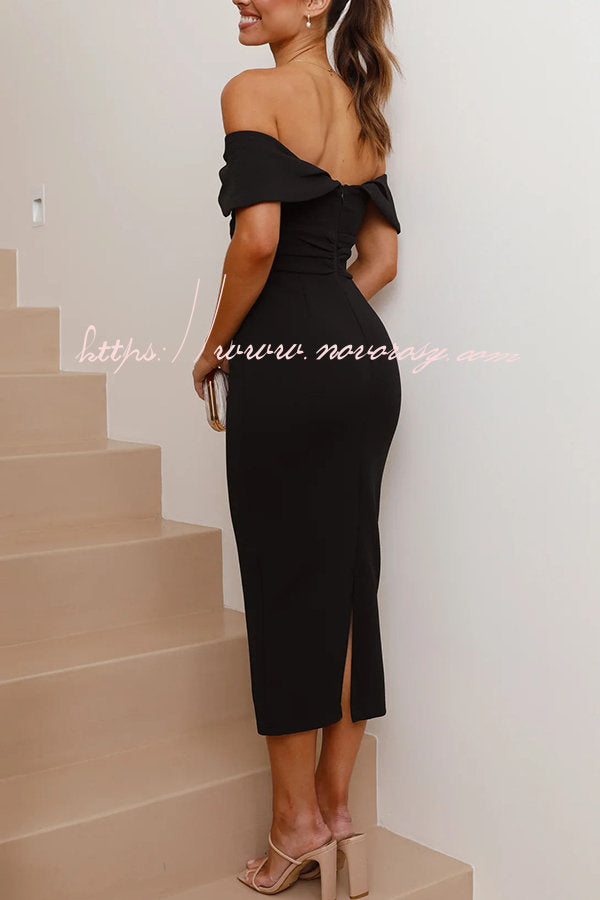 Covered By Love Off Shoulder Gathered Detail Bodycon Midi Dress