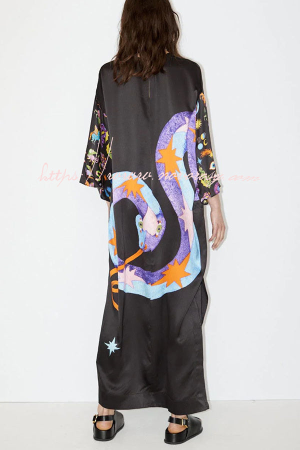 Mostly Magic Satin Unique Print Slit Relaxed Vacation Maxi Dress