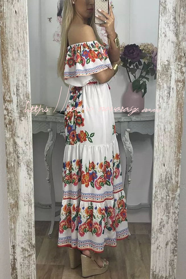 For A Season Floral Printed Off Shoulder Belt Maxi Dress