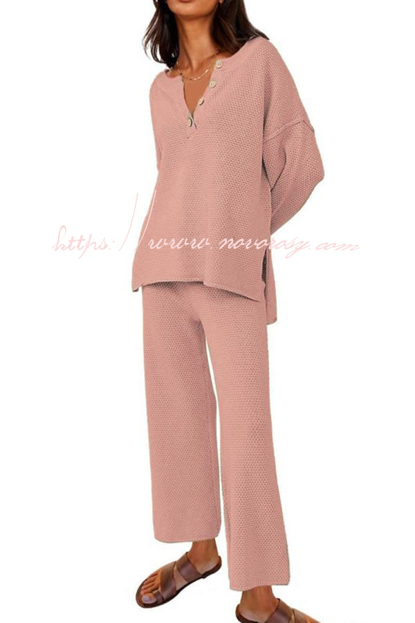 Heather Hailey Solid Color Casual Button V Neck Top and Pant Two Piece Set