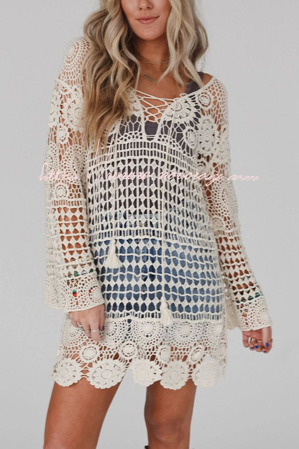Embrace Your Boho Style Lace-up Neck Crochet Tunic Top