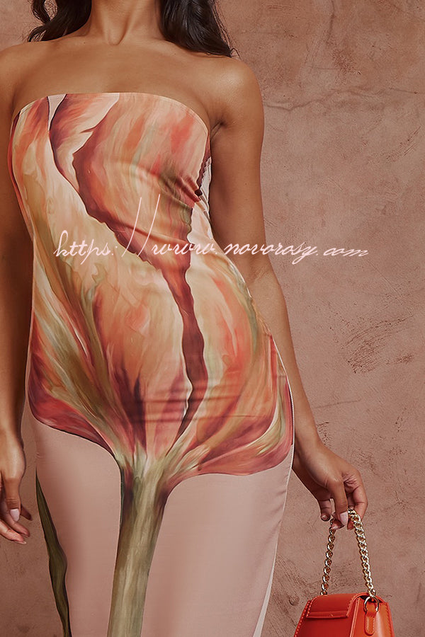 Beautiful Melody Chiffon Floral Print Bandeau Loose Maxi Dress