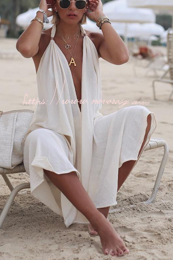 Bali Dreams Linen Blend Leather Tassel Design Halter Backless Beach Maxi Dress