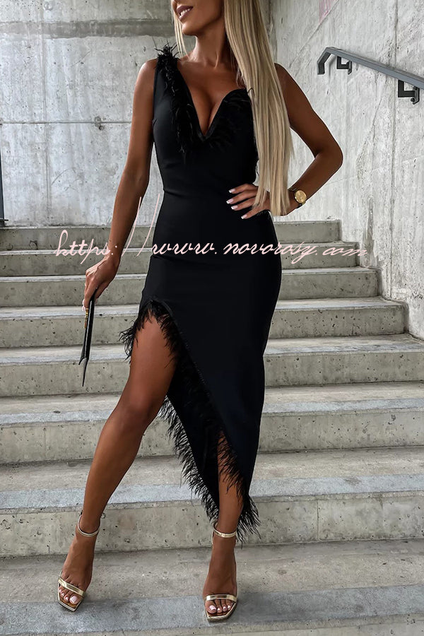 Solid Color Sleeveless Wrapped Chest Irregular Feather Midi Dress