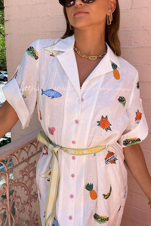 Loretta Cotton Blend Unique Print Fringed Belt Pocketed Shirt Midi Dress