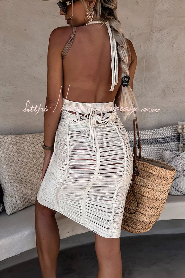 Sandy Sunshine Knit Hollow Out Backless Halter Cover Up Beach Mini Dress