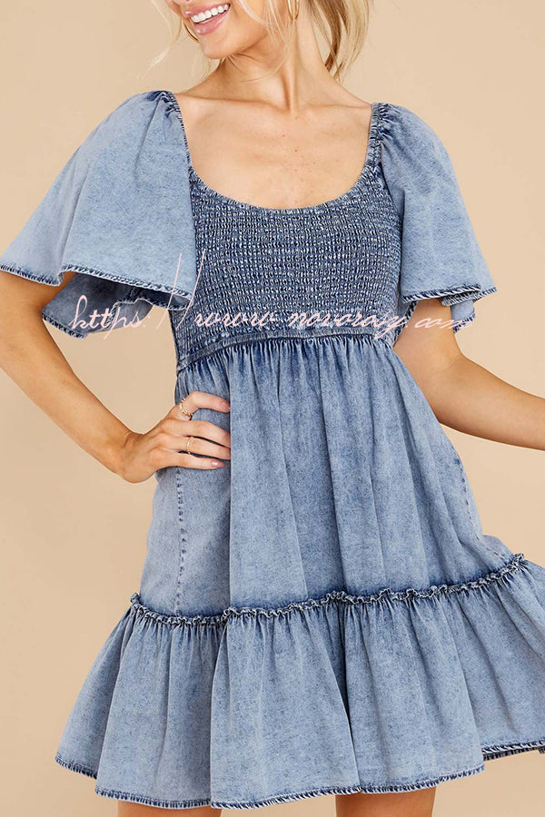Hello Cutie Pie Denim Smocked Puff Sleeve Mini Dress
