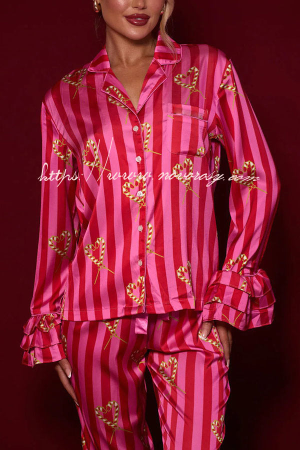 Festive Season Long Candy Stripe Tiered Bell Cuffs Elastic Waist Pocketed Pajama Set