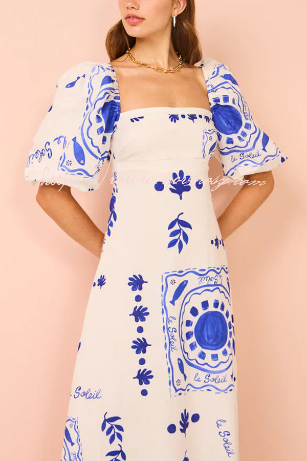 Sherbert Linen Blend Unique Print Square Neck Bubble Sleeve Maxi Dress