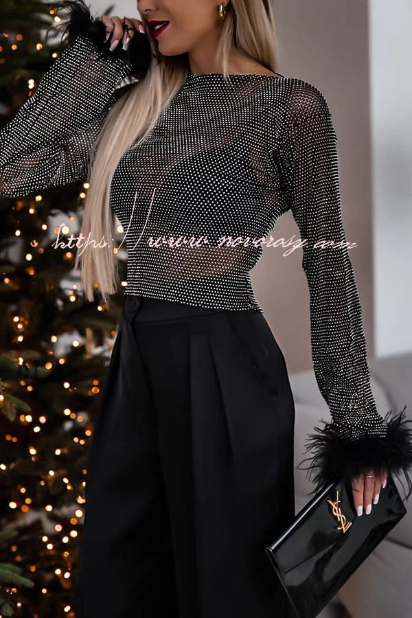 Luxe Look Rhinestone Fabric Feather Sleeve Party Crop Top