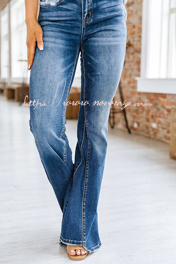 Washed High Rise Pocket Button Wide Leg Jeans