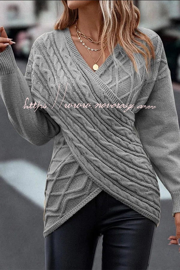 Solid Color V Neck Cross Jacquard Long Sleeved Sweater