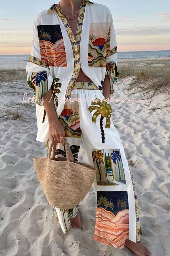 Beach Memories Palm Print Oversized Blouse and Elastic Waist Pocketed Pants Set