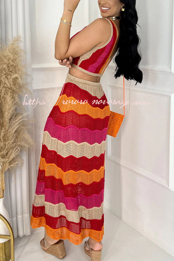 Darling Perfection Knit Texture Color Block Side Waist Cutout Maxi Dress