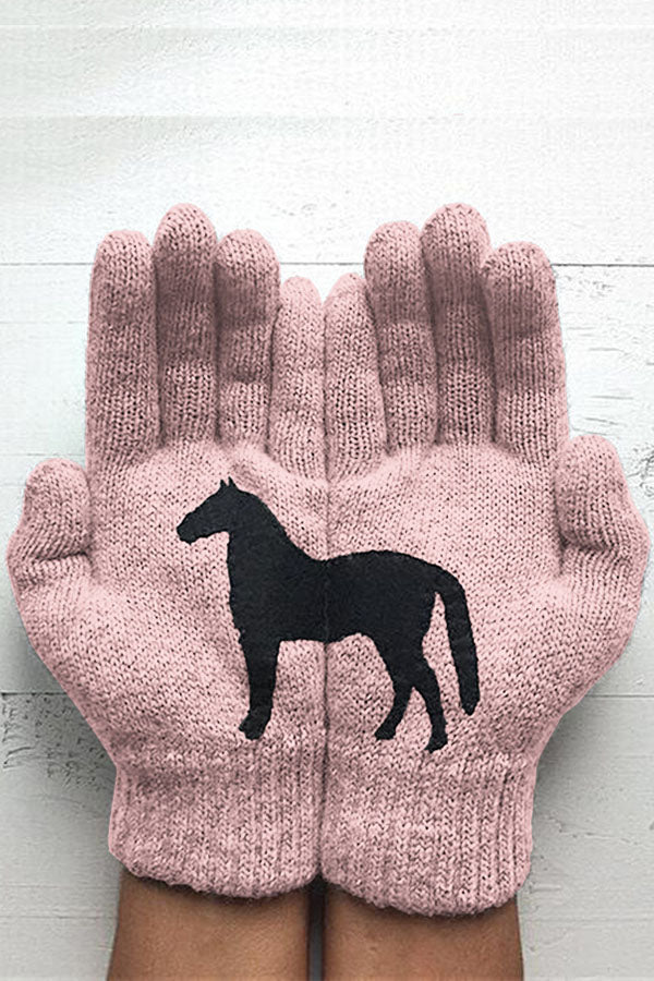 Printed Knitted Gloves Short Thickened Warm Finger Gloves-Dark Horse