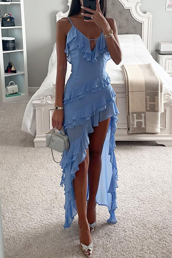 Blue Embellished Layered Ruffle Dress - Babeehive