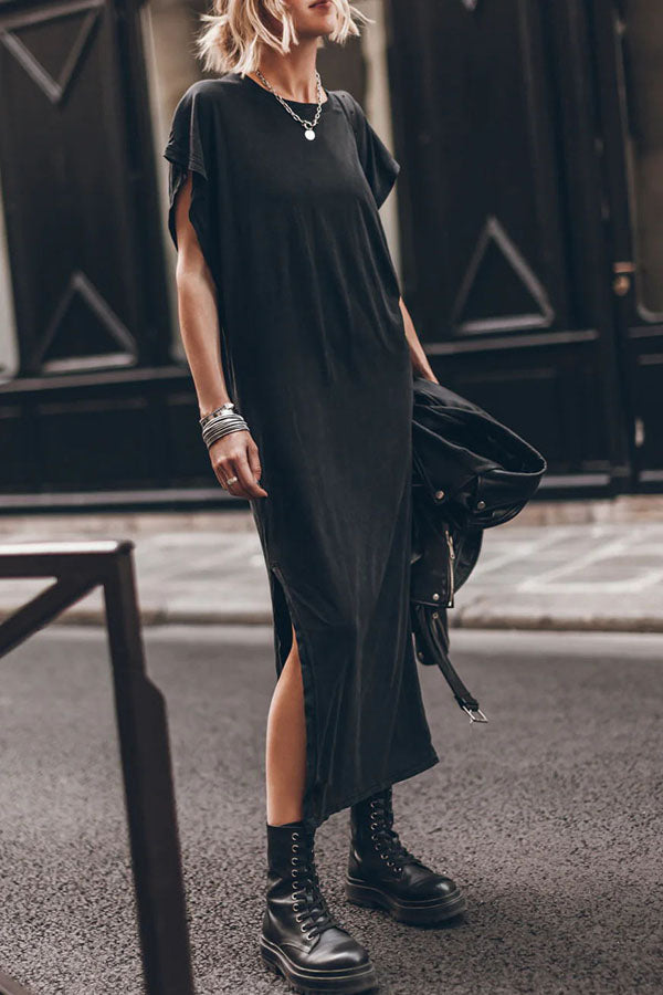 Simple and Effortless Open Sleeve Slit Oversized T-shirt Midi Dress
