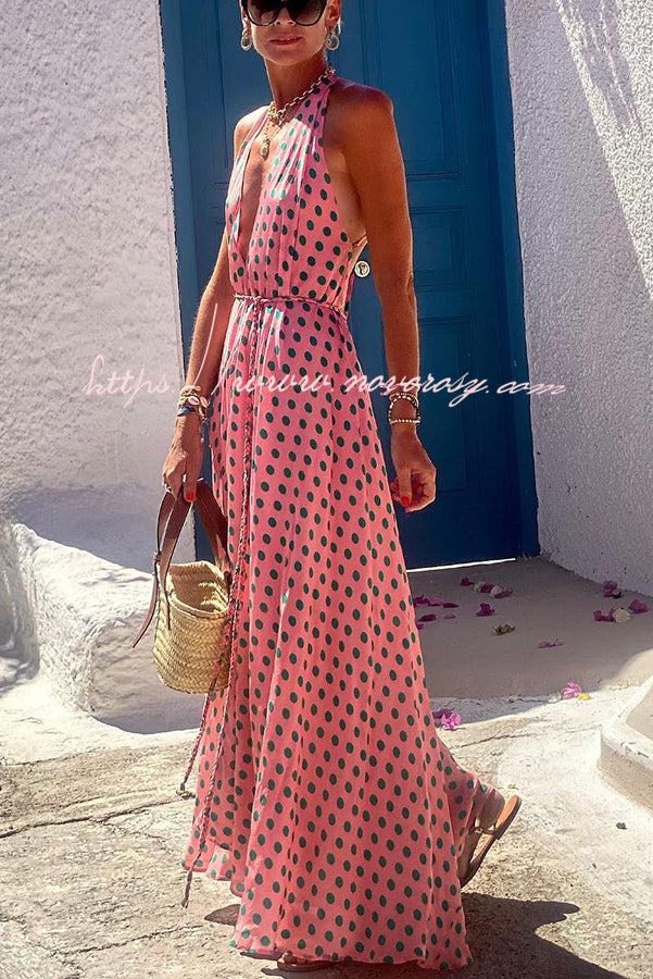 Vacay Mood Polka Dots Print Back Lace-up Swing Maxi Dress