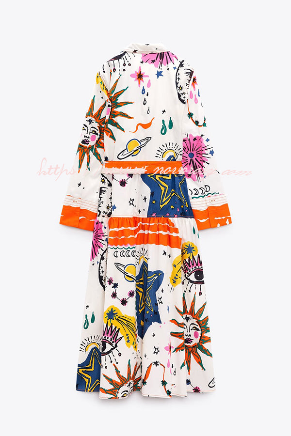 All The Attention Unique Print Long Sleeve Button Belted Shirt Midi Dress