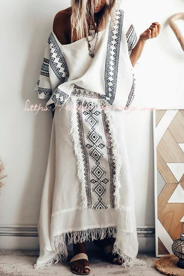 Beach Chic Linen Blend Ethnic Print Patchwork Tassel Elastic Waist A-line Skirt