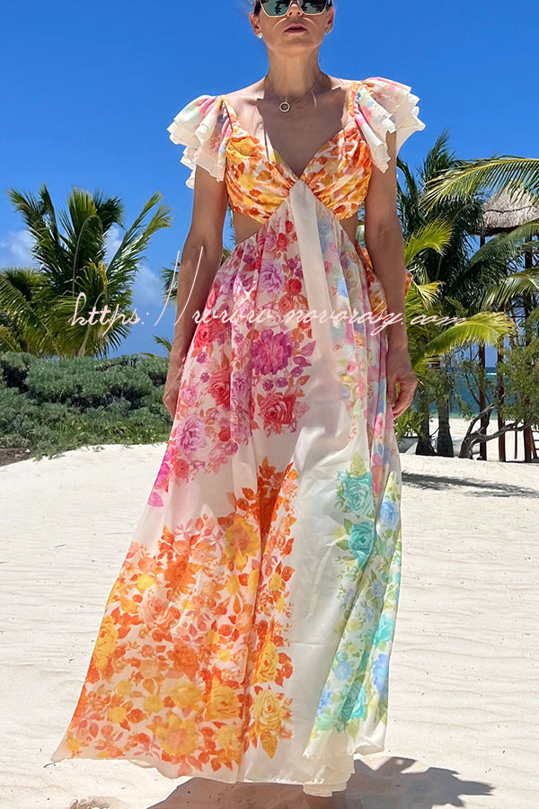 Blooming Beauty Multicolor Floral Frill Cutout Back Tie-up Maxi Dress