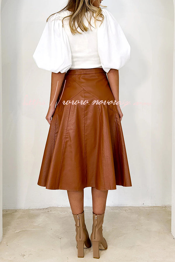 The Karina Faux Leather High Waist Swing Midi  Skirt